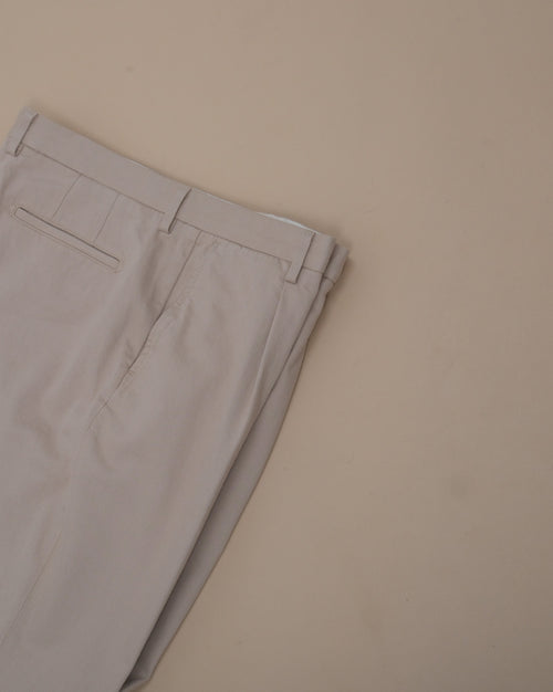 Beige Cotton Twill High-Rise Pleated Trousers