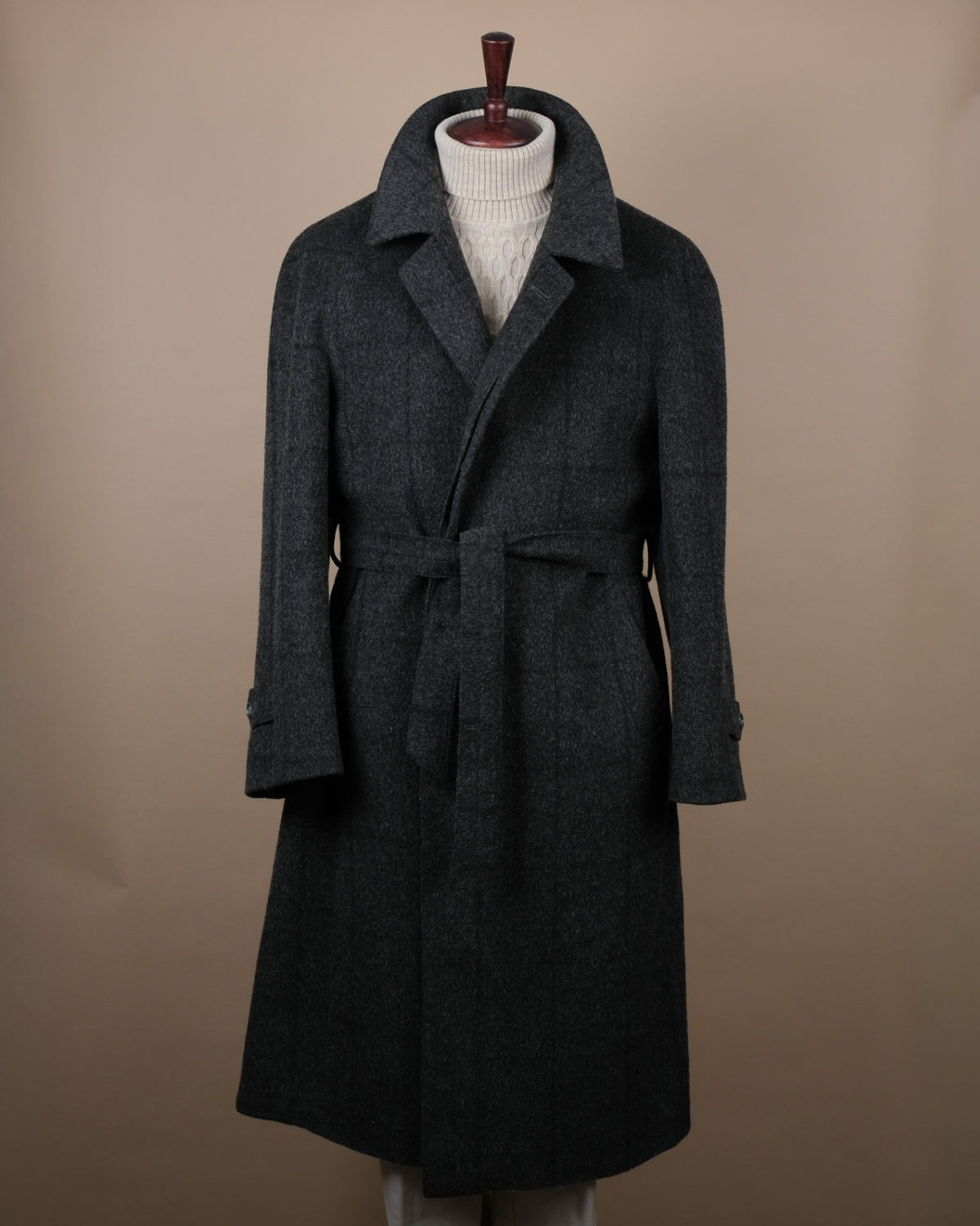 Anthracite Windowpane Tweed Belted Raglan Coat