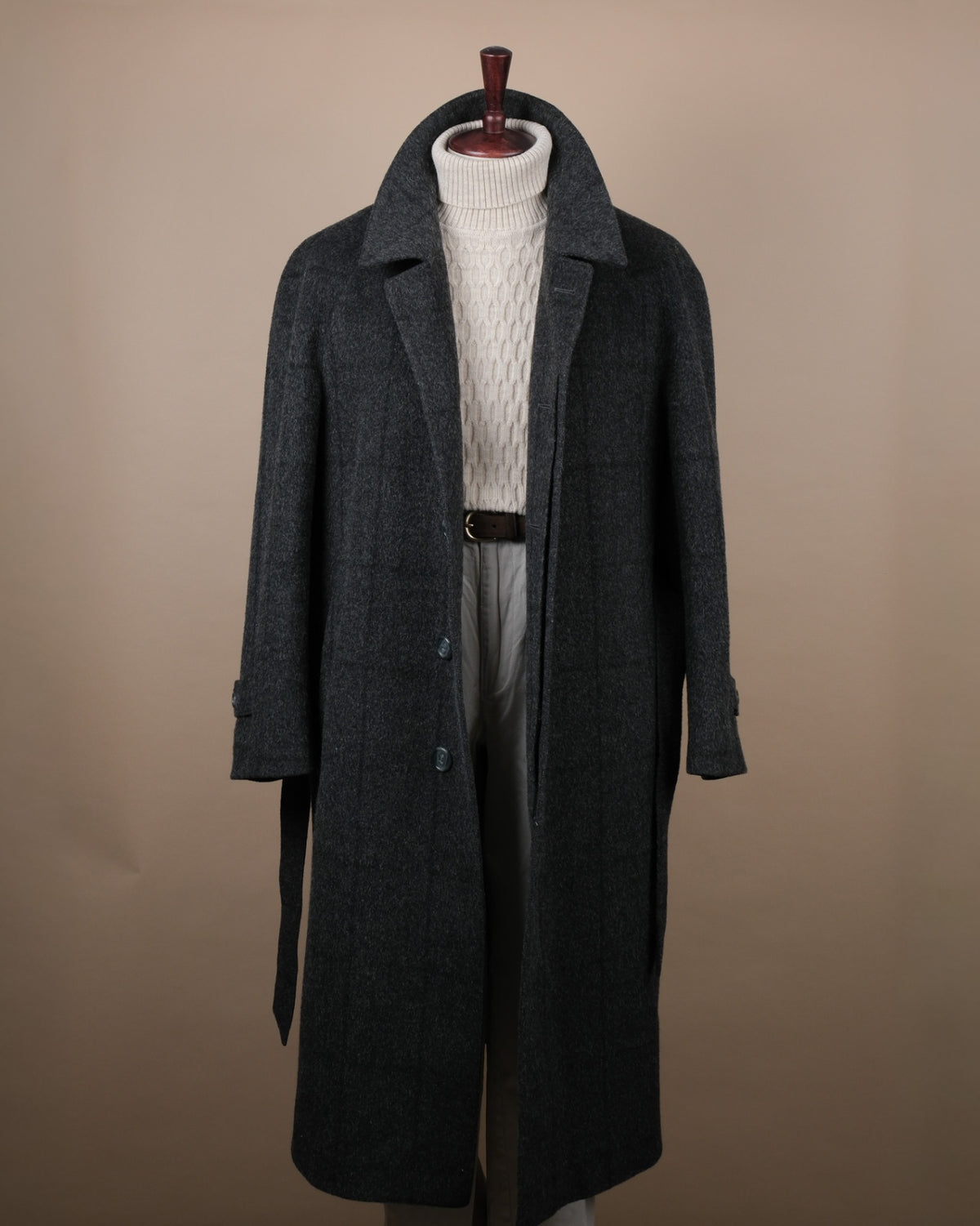 Anthracite Windowpane Tweed Belted Raglan Coat