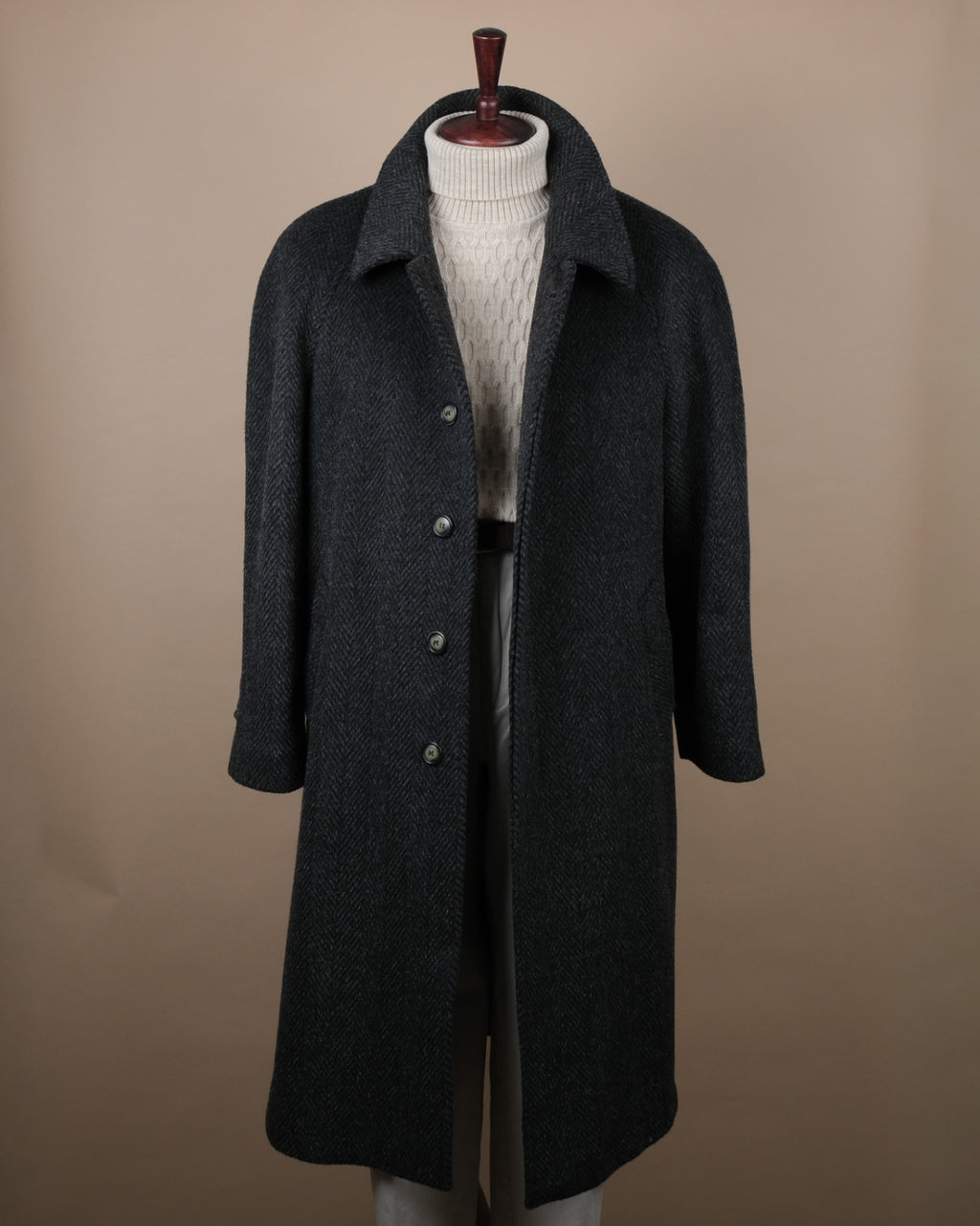 Dark Grey Herringbone Tweed Raglan Coat