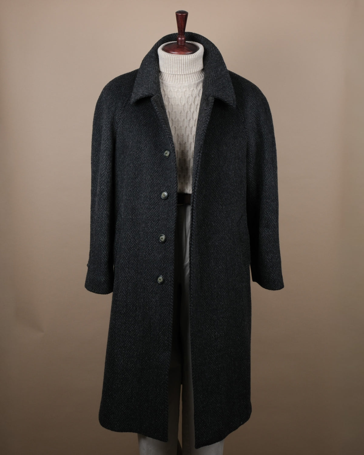 Dark Grey Herringbone Tweed Raglan Coat