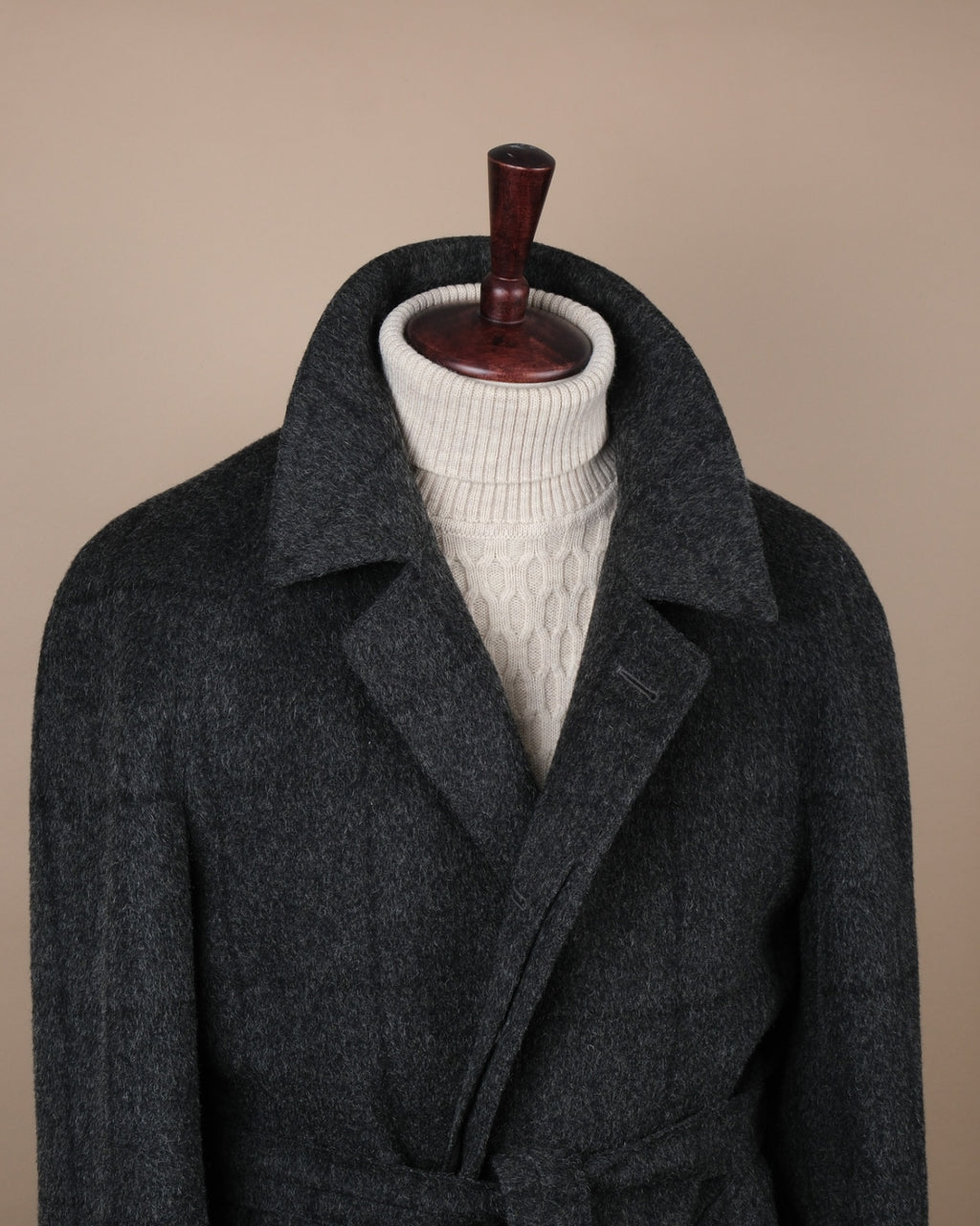 Anthracite Windowpane Tweed Belted Raglan Coat