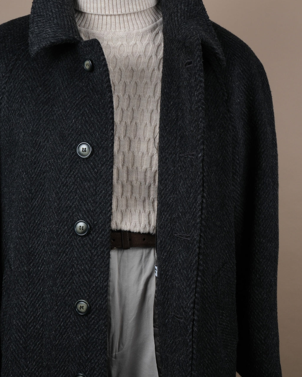 Dark Grey Herringbone Tweed Raglan Coat