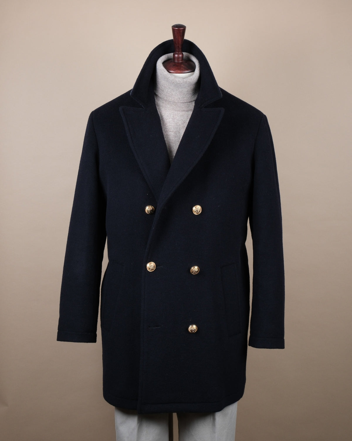 Navy Wool/Cashmere Gold-Button Peacoat