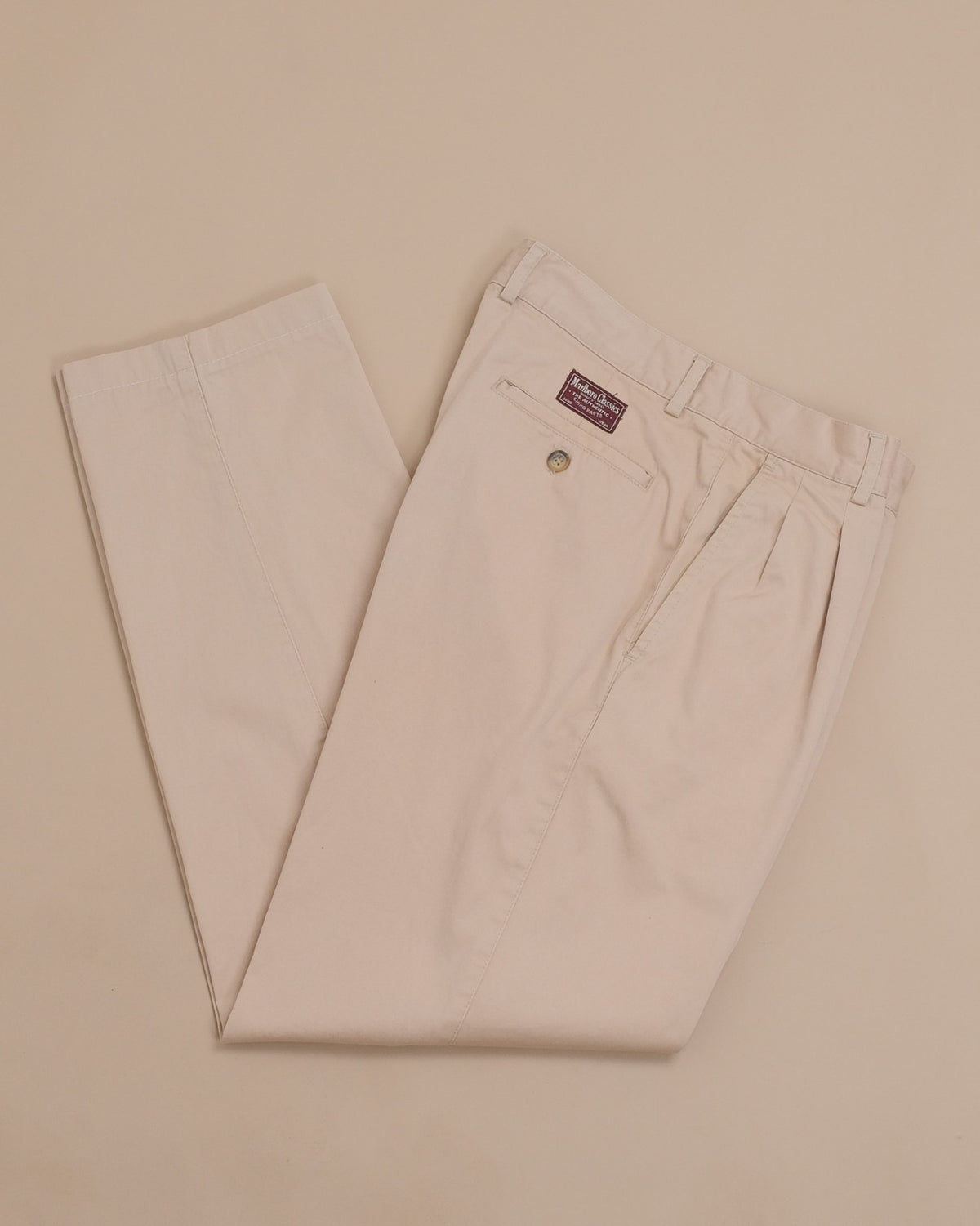 Beige Cotton Twill High-Rise Pleated Trousers