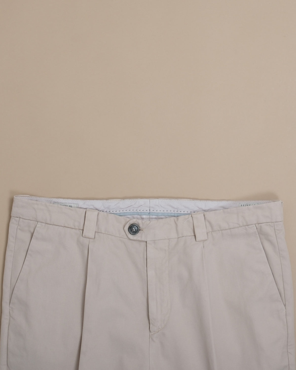 Light Beige Cotton Twill High-Rise Pleated Trousers