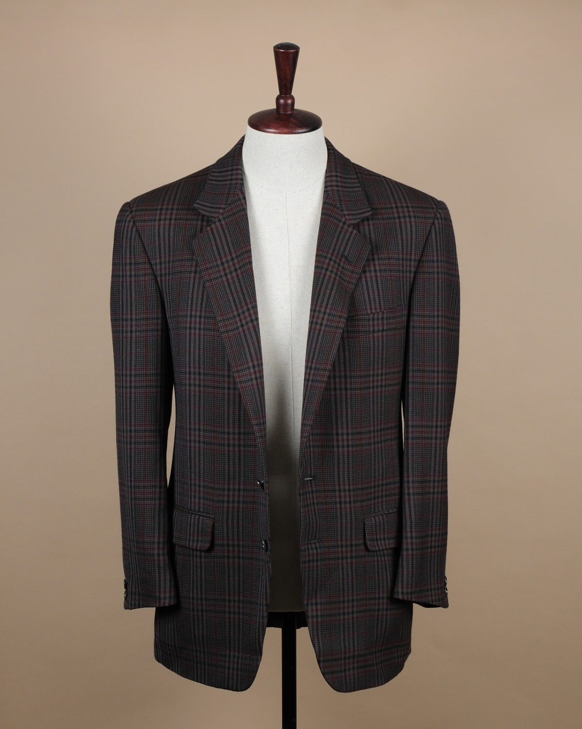 Dark Gray with Burgundy and Navy Plaid Wool Blazer