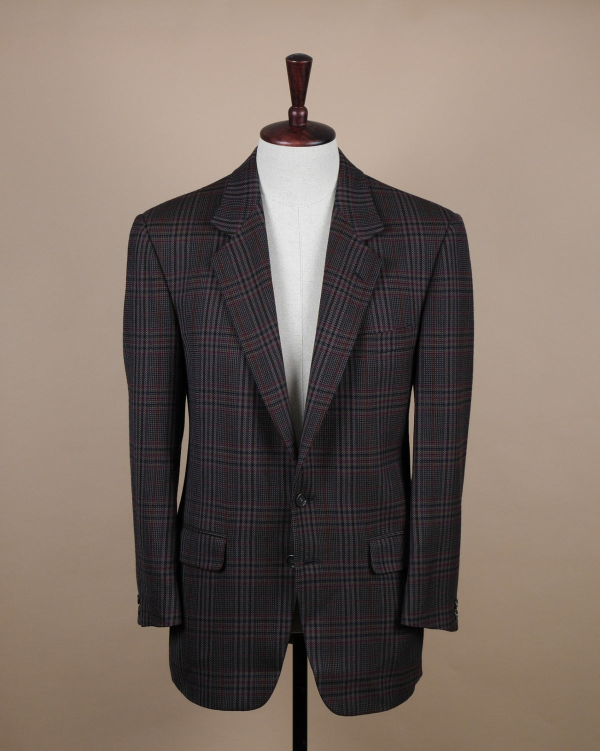 Dark Gray with Burgundy and Navy Plaid Wool Blazer