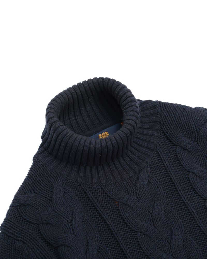 Navy Heavy Cotton & Wool Cable-Knit Rollneck