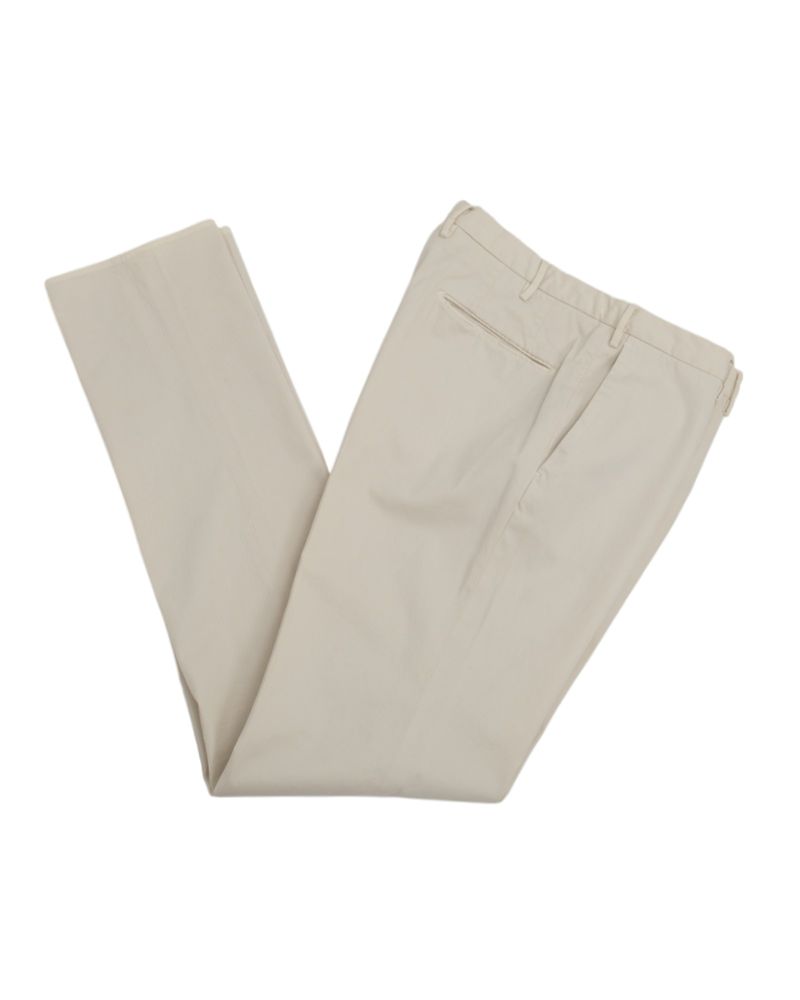 Cream White Unhemmed Slim Fit Twill Trousers