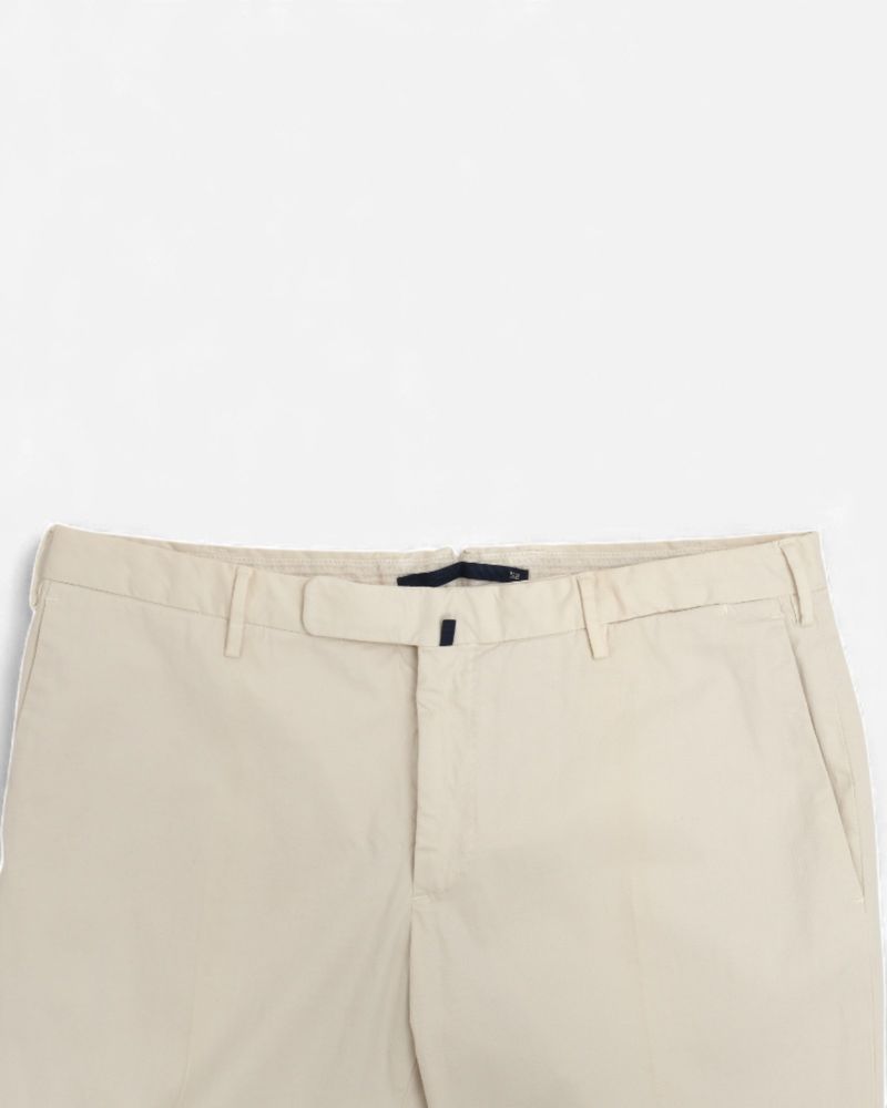 Cream White Unhemmed Slim Fit Twill Trousers