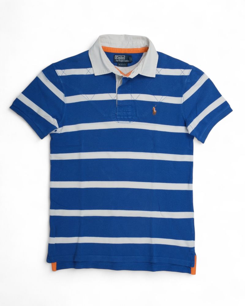 Blue/White Striped Short Sleeve Rugby Polo