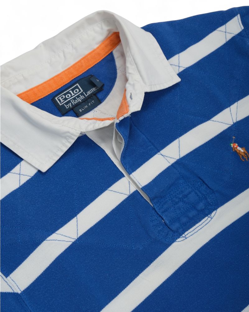 Blue/White Striped Short Sleeve Rugby Polo