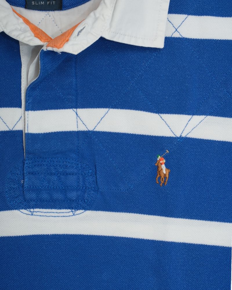 Blue/White Striped Short Sleeve Rugby Polo