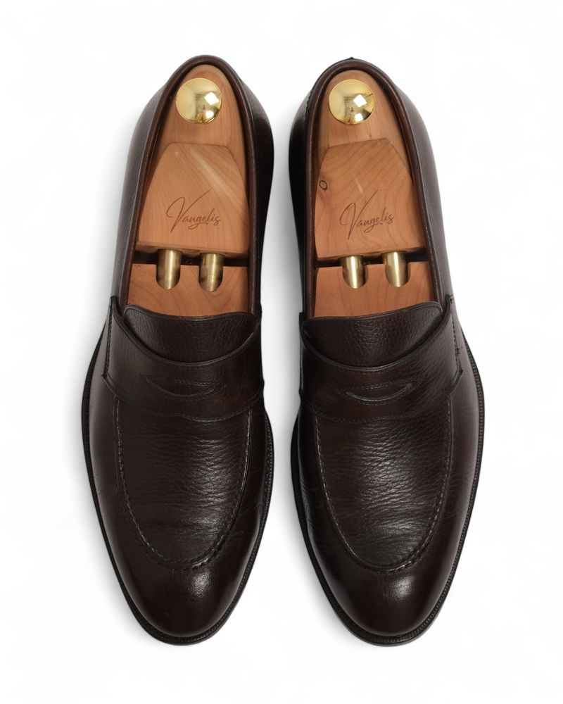 Dark Brown Grained Leather Penny Loafers
