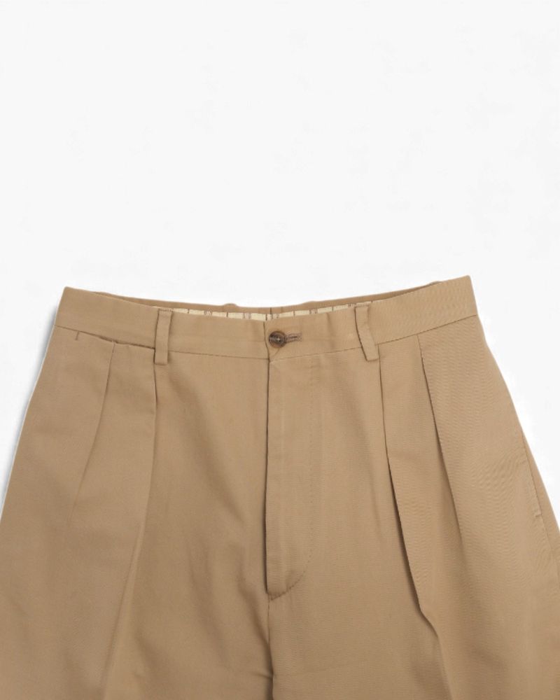 Khaki Twill High-Rise Pleated Trousers