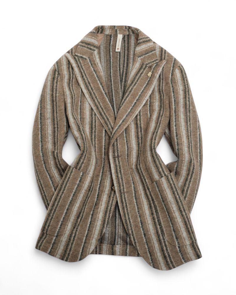 Beige/Grey/Green Striped Unconstructed Virgin Wool Blend Sports Jacket