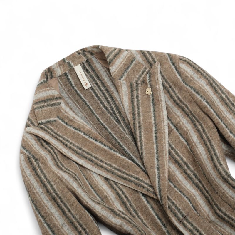 Beige/Grey/Green Striped Unconstructed Virgin Wool Blend Sports Jacket