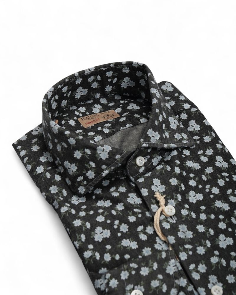 Dark Blue Floral Pattern Denim Shirt