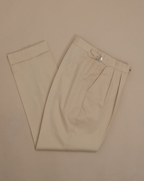 Beige Cotton Twill High-Rise Pleated Trousers by Götrich