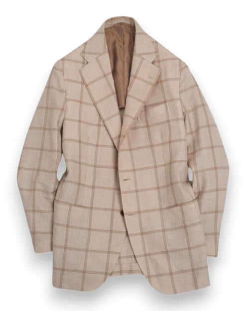 Beige/Pale Saffron Wool/Linen/Silk Windowpane Sports Jacket by De Petrillo