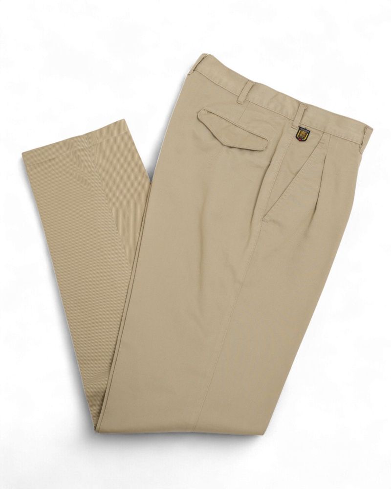 Beige High-Rise Pleated Cotton Twill Trousers
