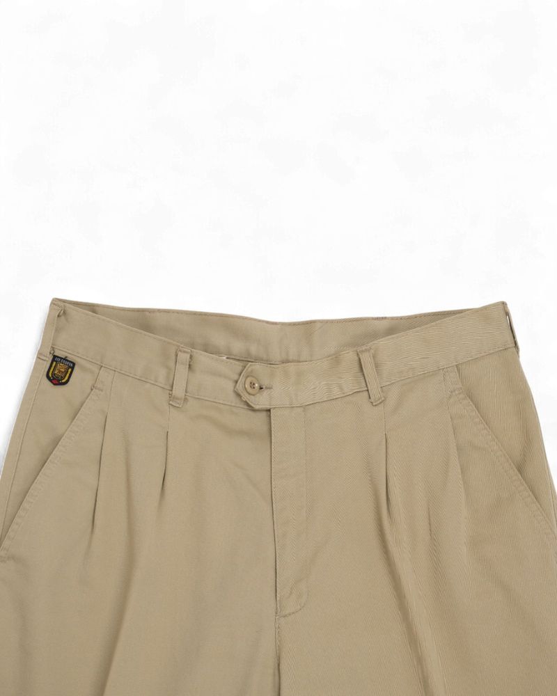 Beige High-Rise Pleated Cotton Twill Trousers
