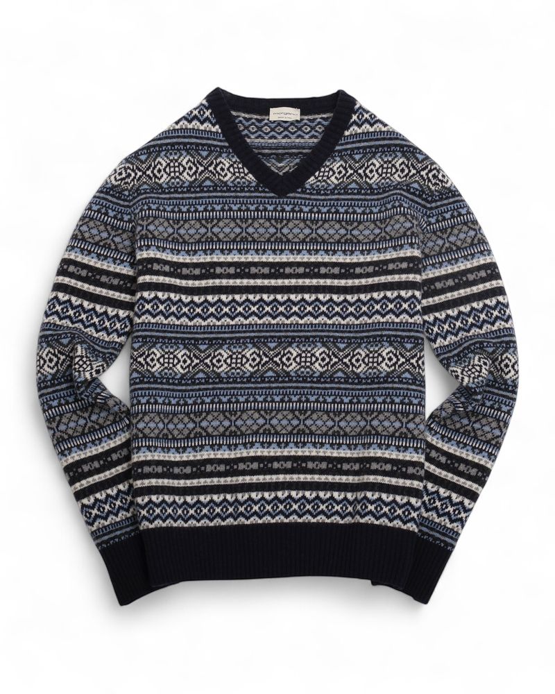 Navy Merino & Cashmere Fair Isle V-Neck