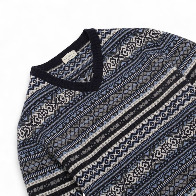 Navy Merino & Cashmere Fair Isle V-Neck