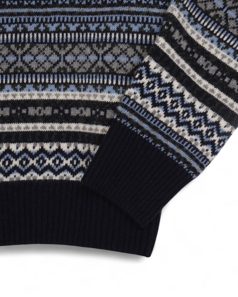 Navy Merino & Cashmere Fair Isle V-Neck