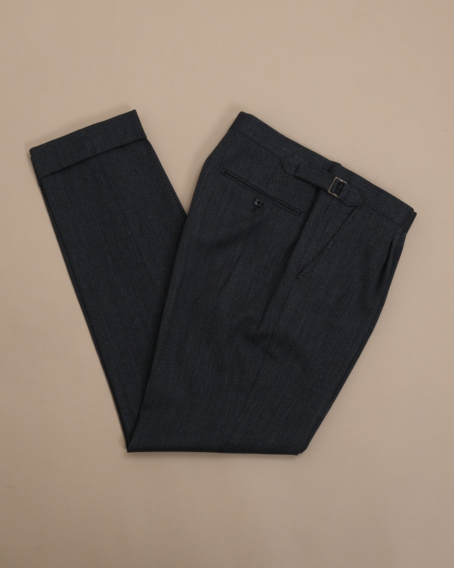 Charcoal Twill Wool Blend Mid-Rise Pleated Trousers