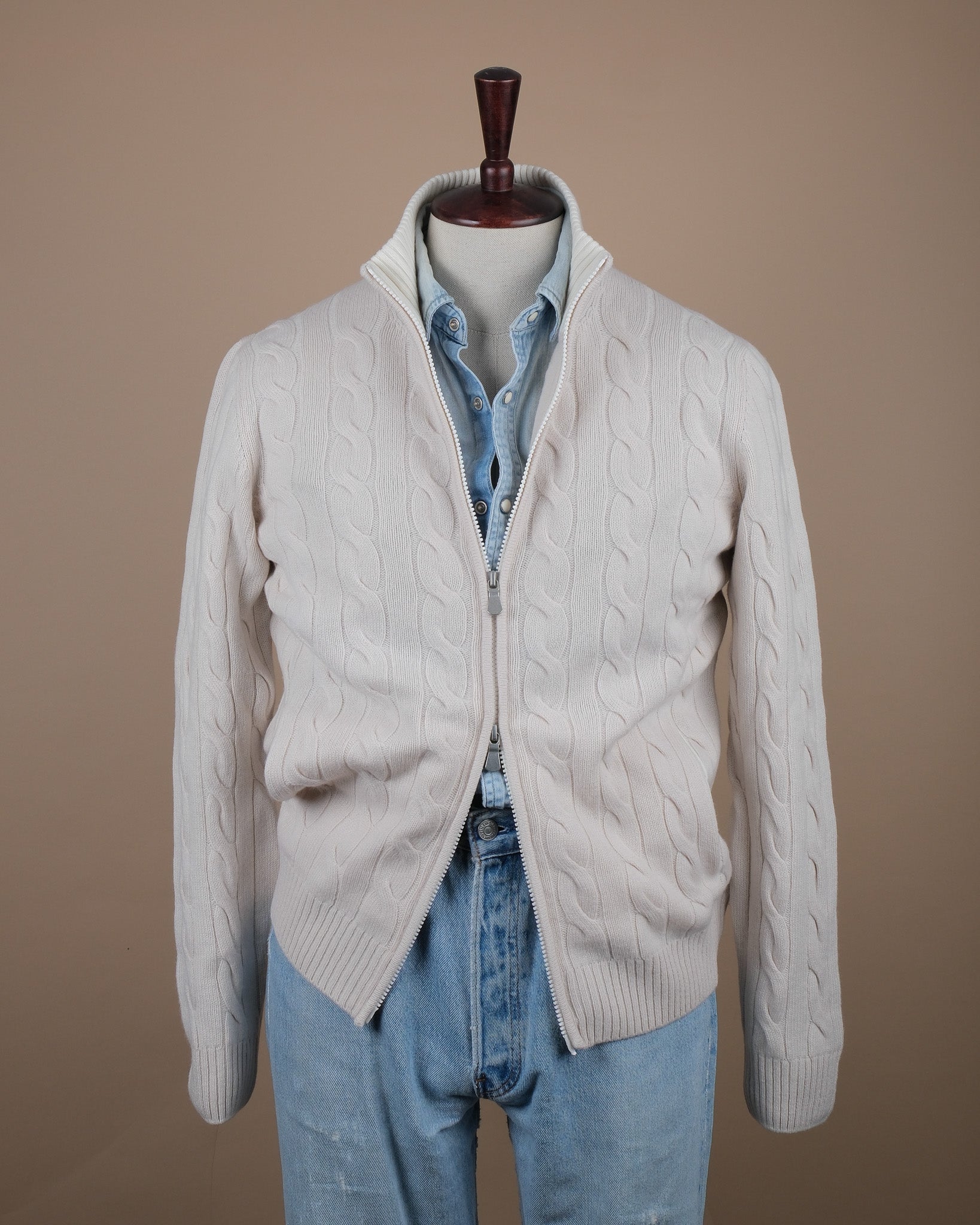 Cream Chunky Wool/Cashmere Cable-Knit Zip Cardigan