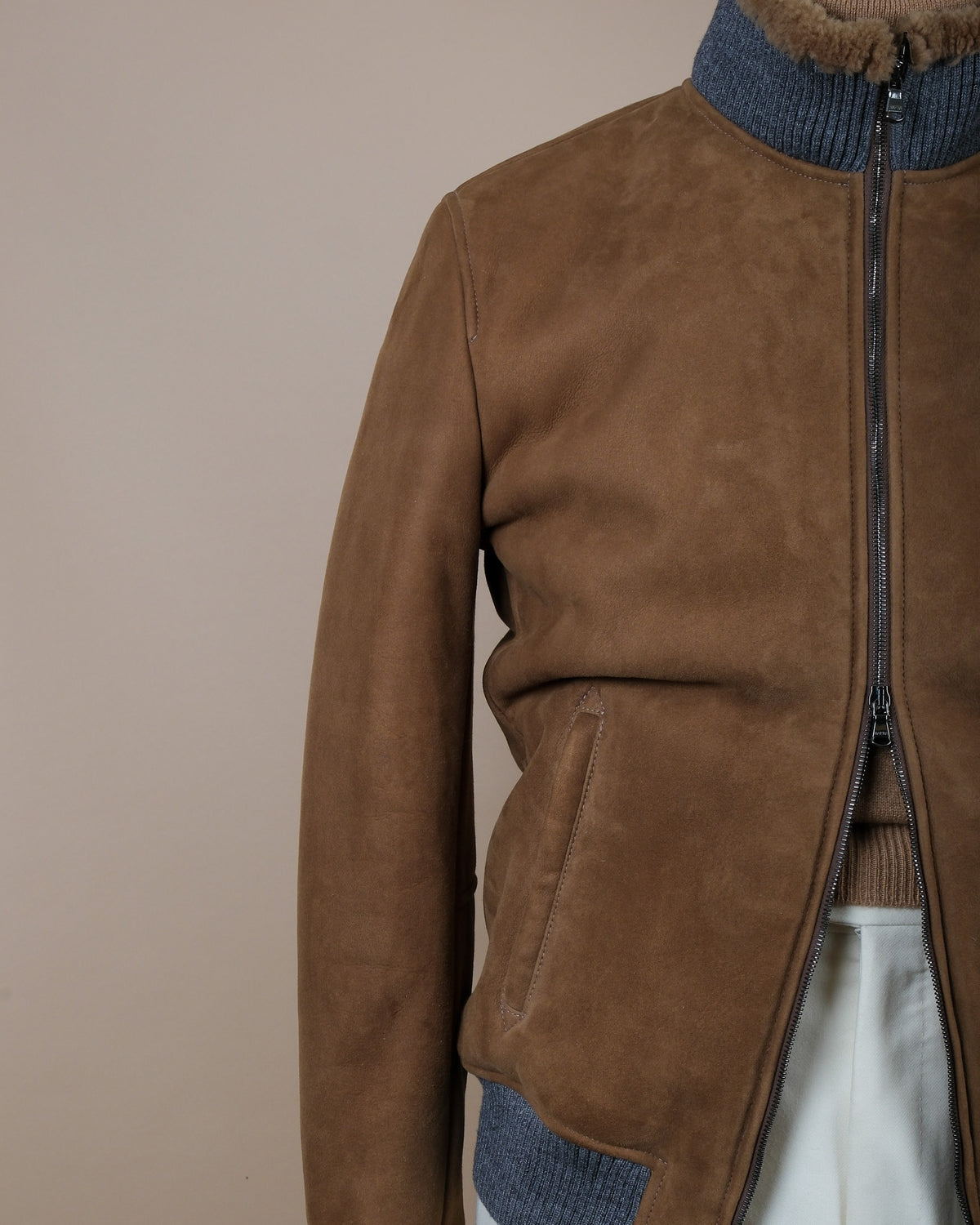 Fawn Heavy Suede Shearling Flight Jacket