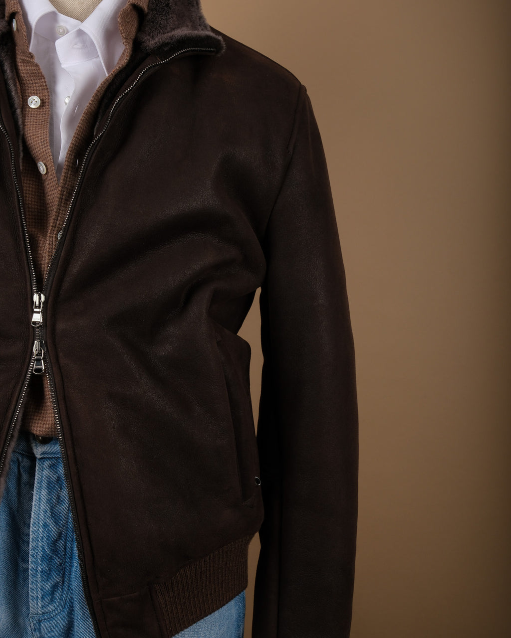 Bistre Suede Shearling Flight Jacket