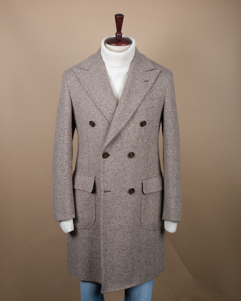 Brown/Beige Herringbone DB. Polo Coat