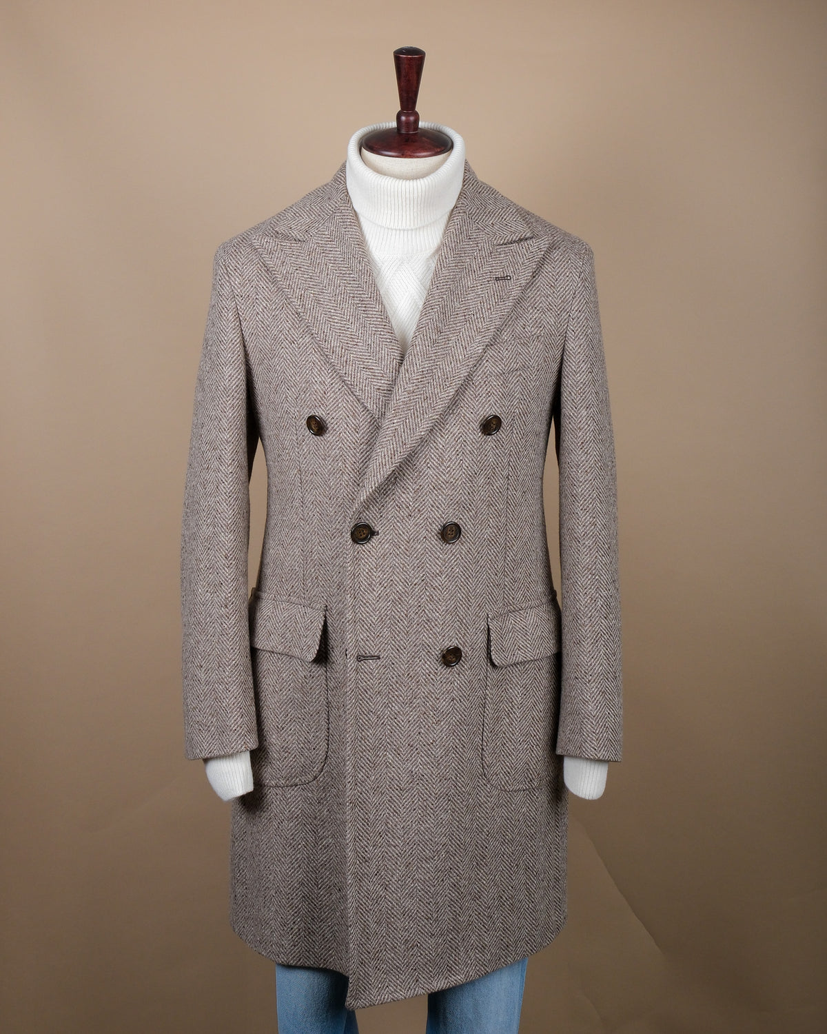 Brown/Beige Herringbone DB. Polo Coat
