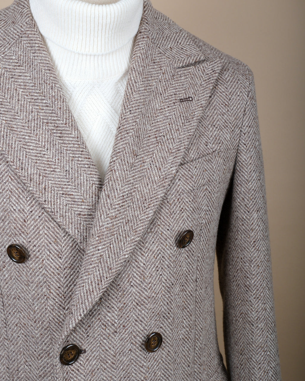 Brown/Beige Herringbone DB. Polo Coat