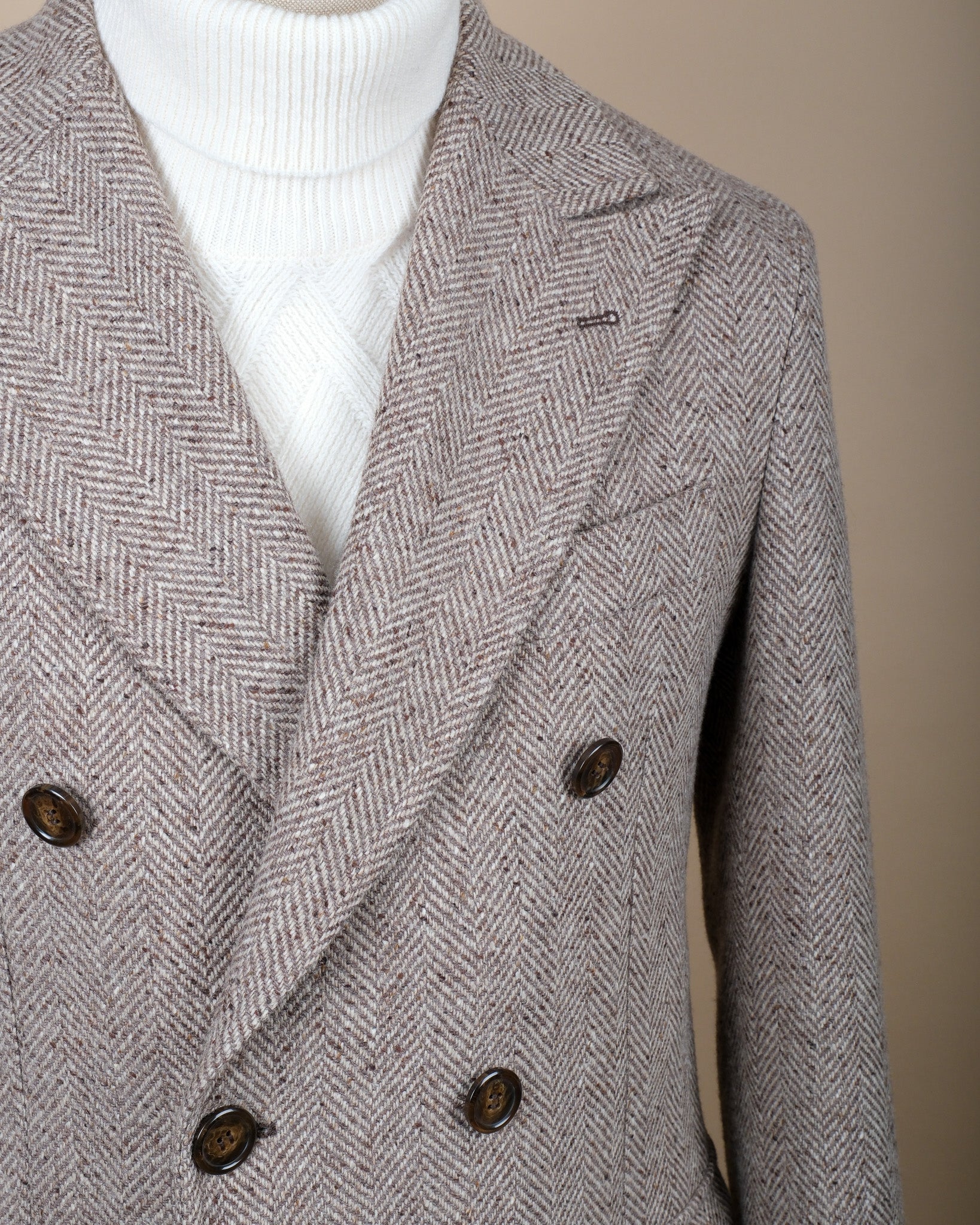 Brown/Beige Herringbone DB. Polo Coat