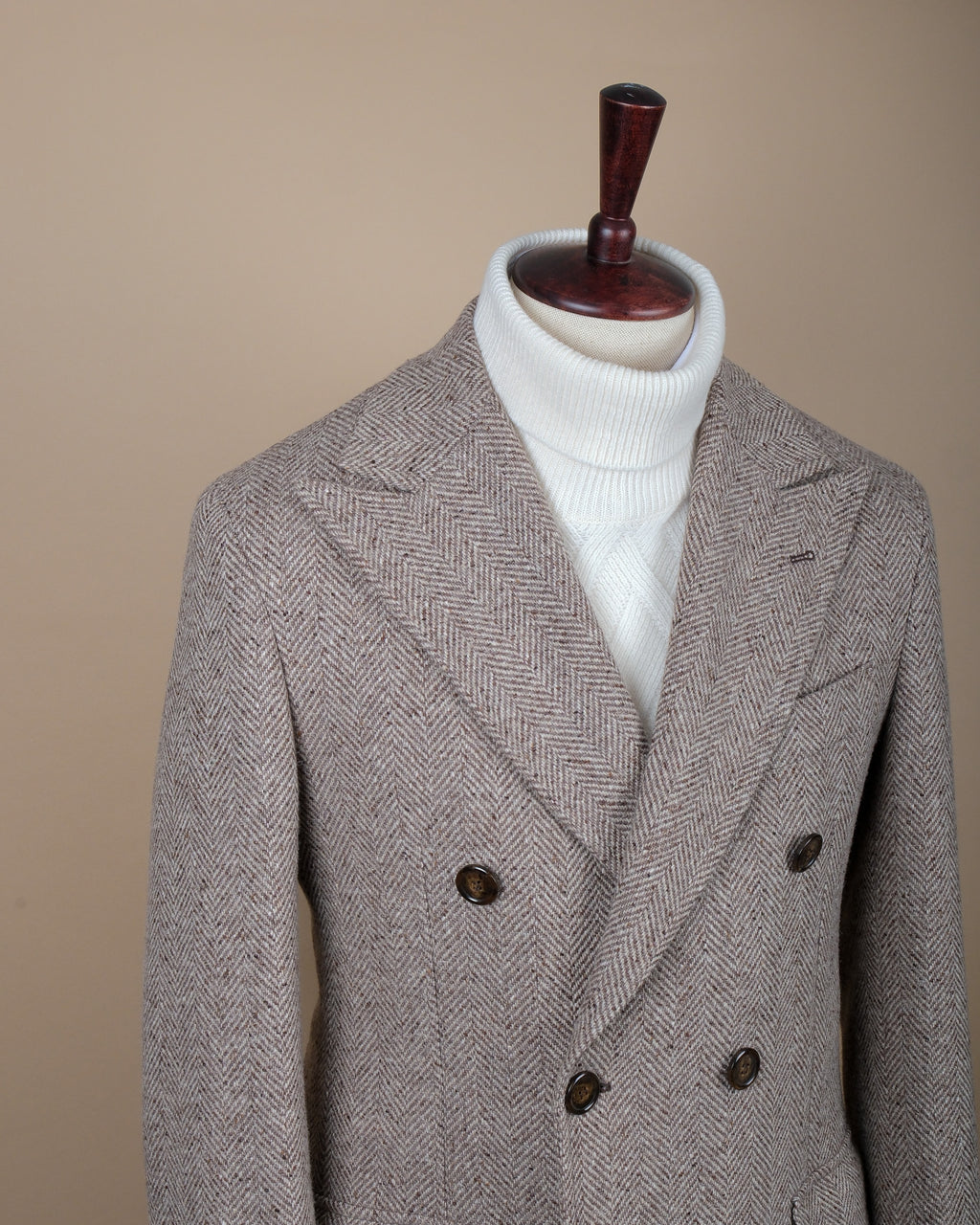 Brown/Beige Herringbone DB. Polo Coat