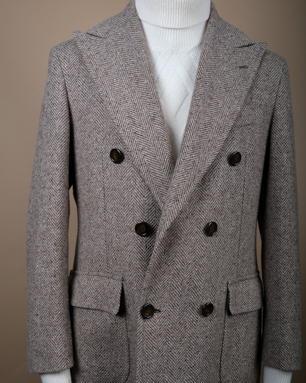 Brown/Beige Herringbone DB. Polo Coat