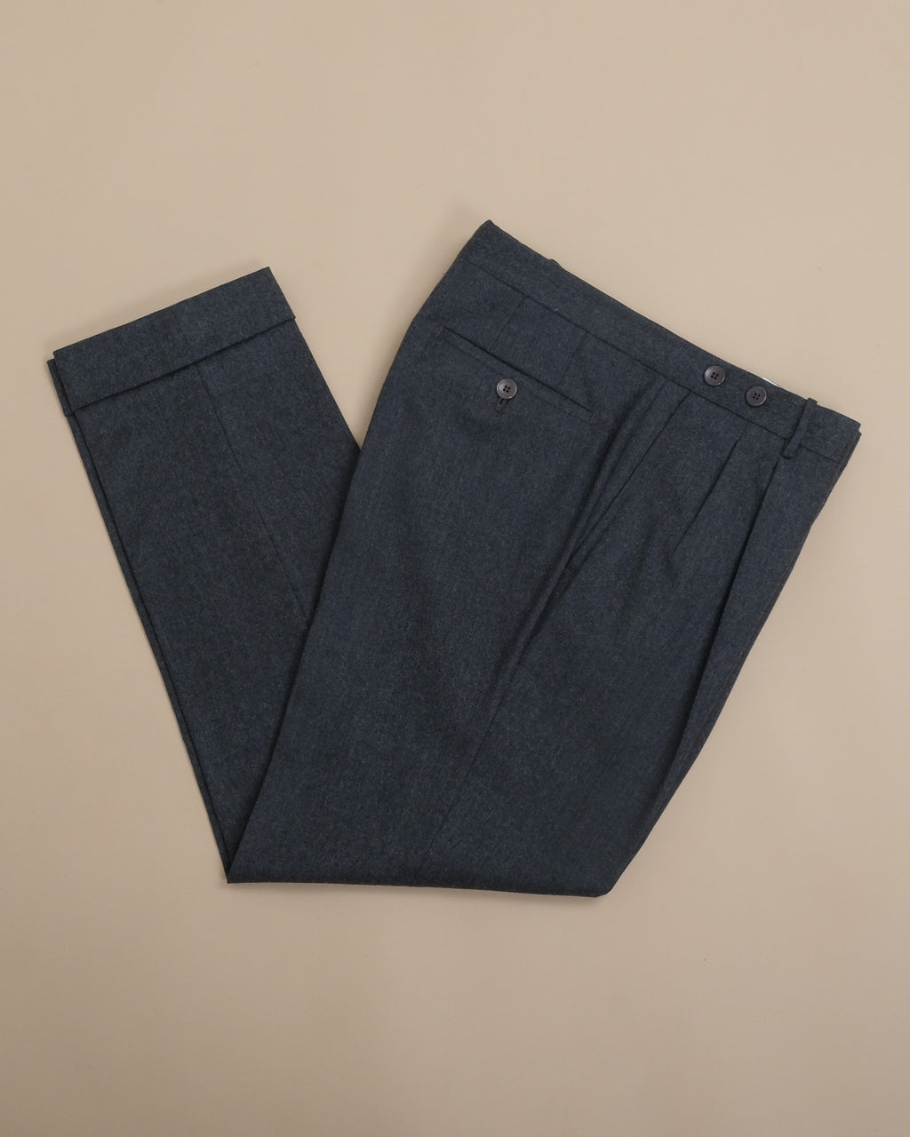 Charcoal Woollen Flannel Pleated Trousers