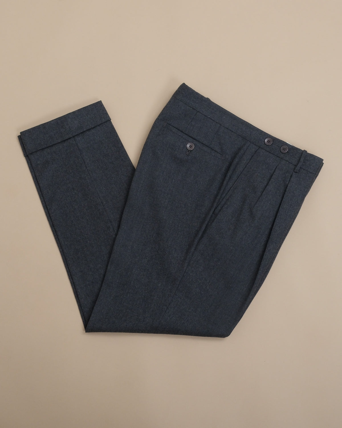 Charcoal Woollen Flannel Pleated Trousers