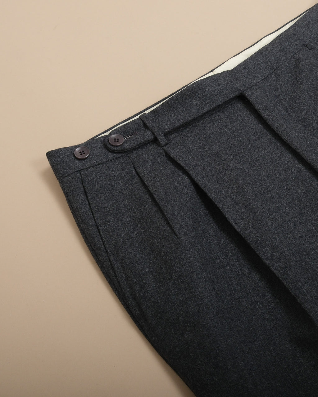 Charcoal Woollen Flannel Pleated Trousers