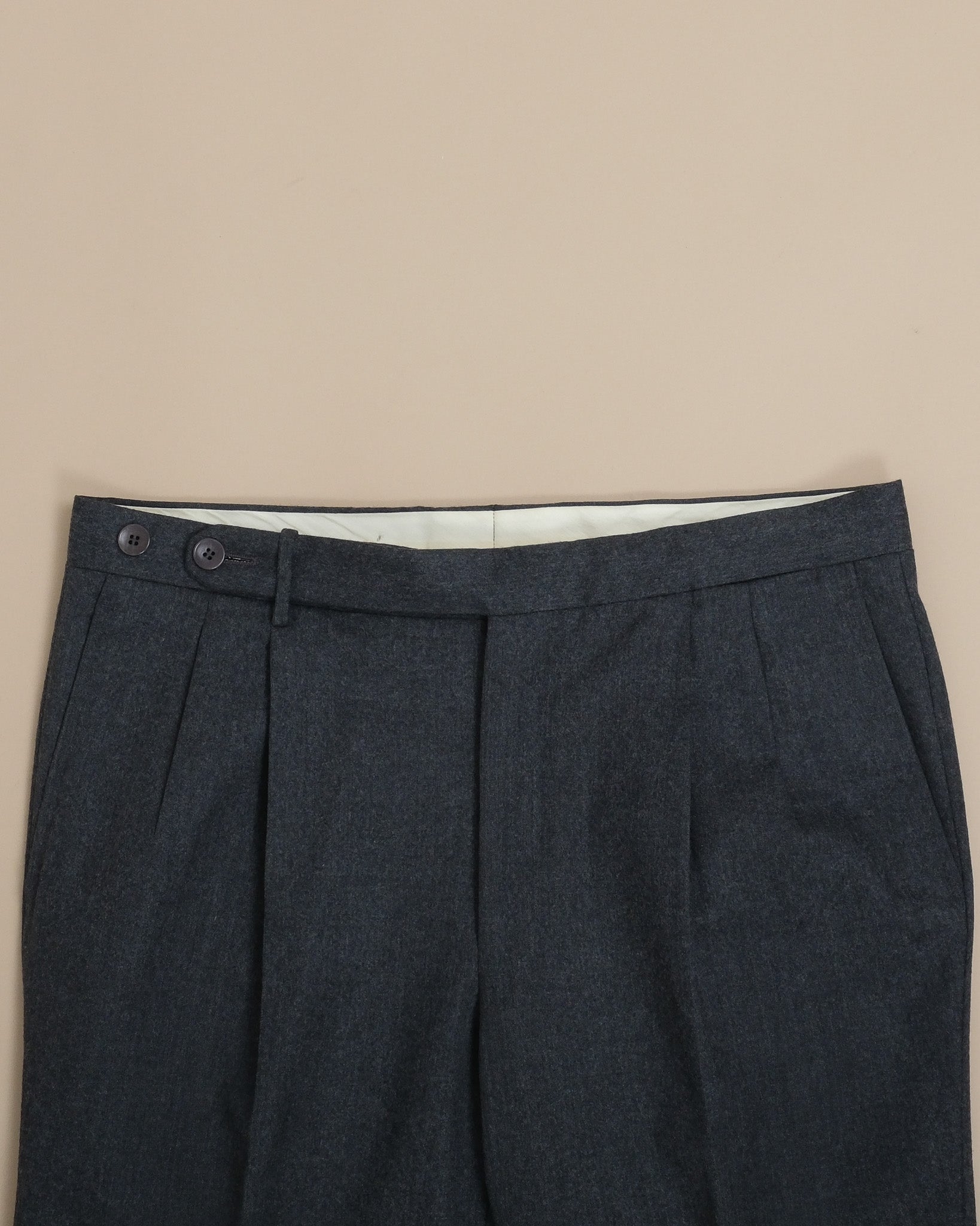 Charcoal Woollen Flannel Pleated Trousers