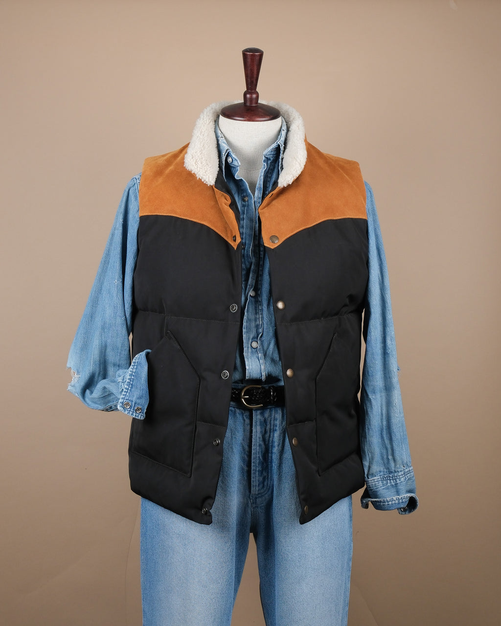 Black Nylon Suede Western Down Vest