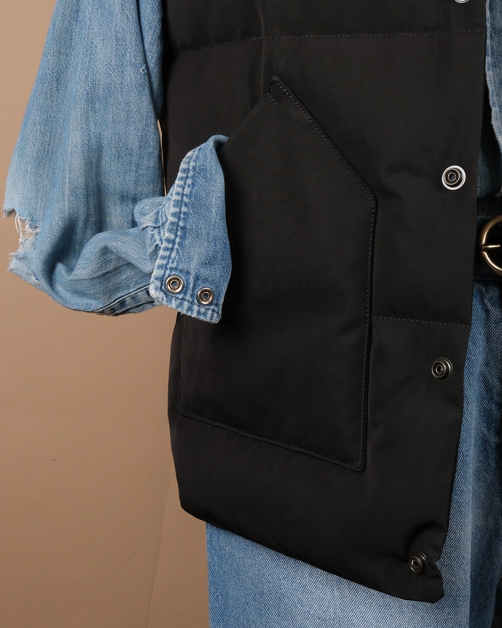 Black Nylon Suede Western Down Vest