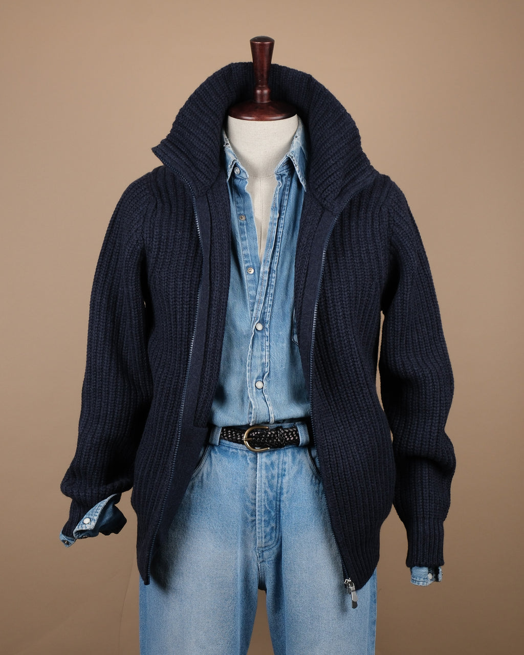 Navy Wool/Cashmere Chunky Zip Cardigan