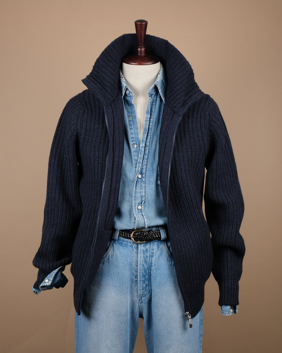 Navy Wool/Cashmere Chunky Zip Cardigan