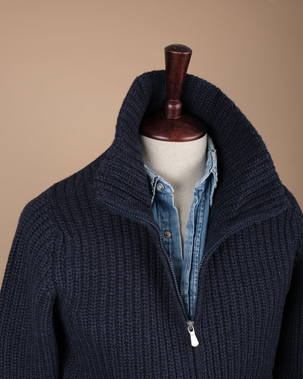 Navy Wool/Cashmere Chunky Zip Cardigan