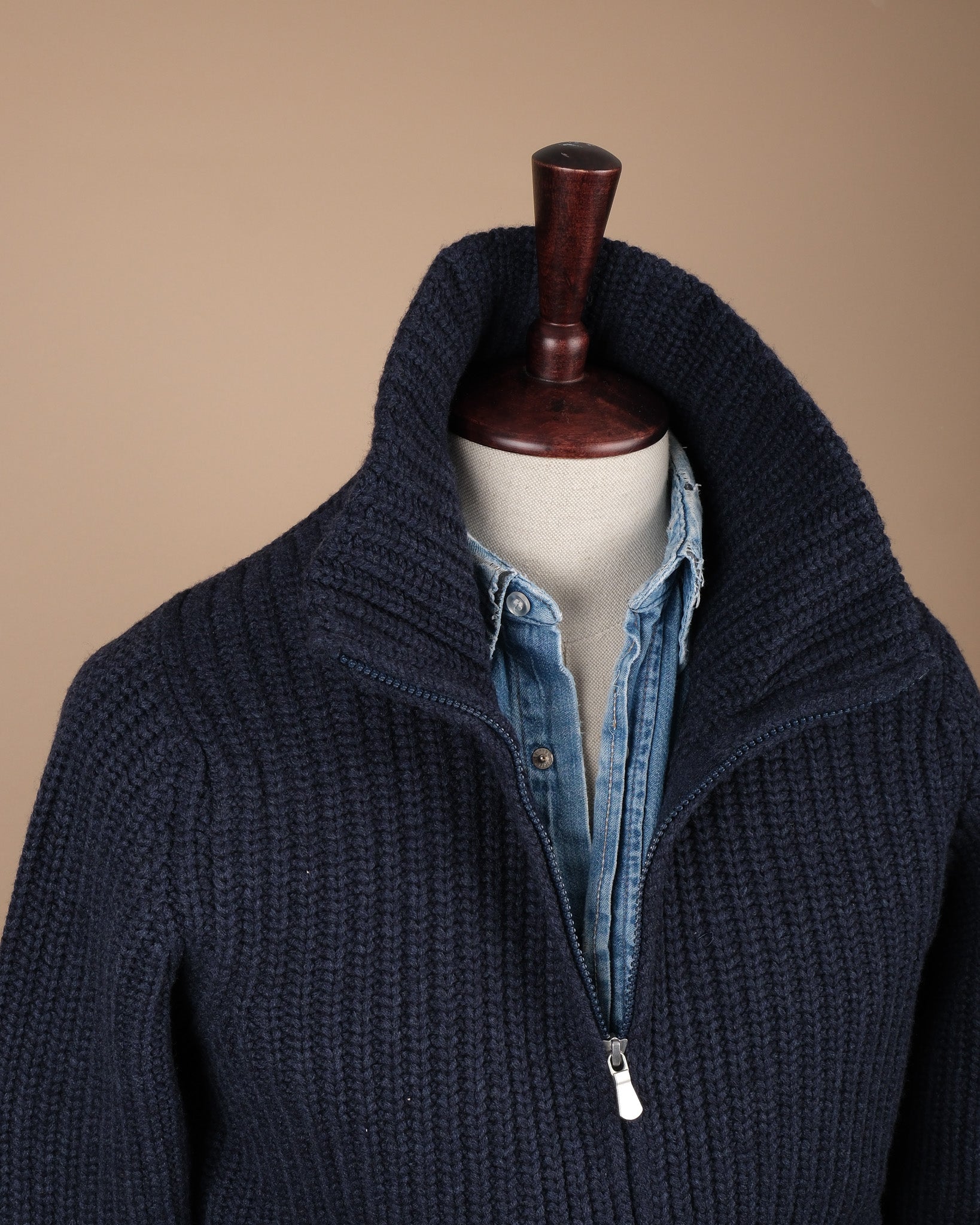 Navy Wool/Cashmere Chunky Zip Cardigan